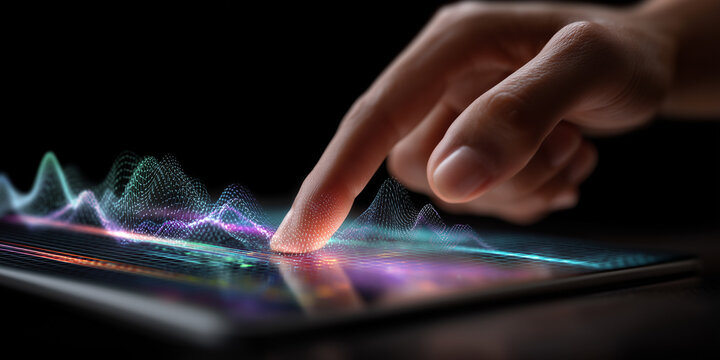  Hand wave expands 3D waveforms forming holographic neural net over tablet.
