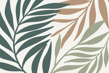 Fototapeta premium Artistic background featuring overlapping palm leaves in muted green, teal, and brown tones for a modern tropical aesthetic in interior design.