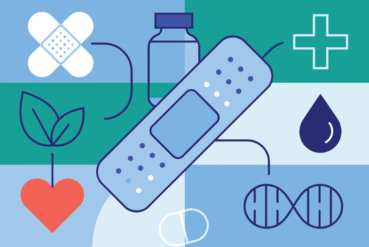 Collection of medical icons including bandages, a pill bottle, a heart, green leaves, a drop of blood, and a DNA helix structure.