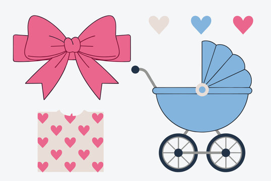 Collection of baby themed items including a blue stroller, a large pink ribbon bow, and a heart patterned onesie design for nursery themes.