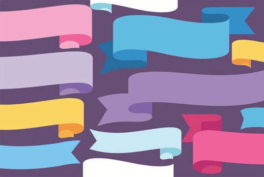 Extensive collection of colorful banner ribbons and scrolls in various shapes set against a dark purple background for design layouts.