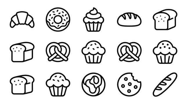 Assorted Bakery Icons: Croissant, Donut, Muffin, Bread, Pretzel, Cookie