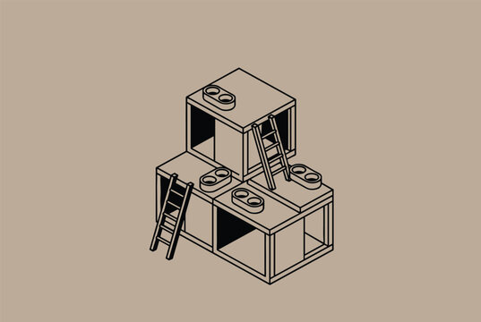 Isometric line art illustration of a modular geometric structure composed of cubes and ladders on a neutral brown background for architectural design.