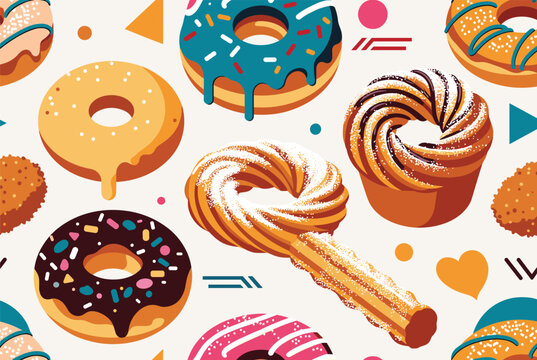 Delicious seamless pattern of colorful glazed donuts with sprinkles cupcakes and churros on a light background for bakery branding and food design.