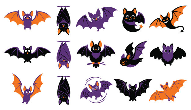 Set of cute cartoon bats for halloween decoration with halloween creature collection illustration decoration seasonal character cheerful isolated background