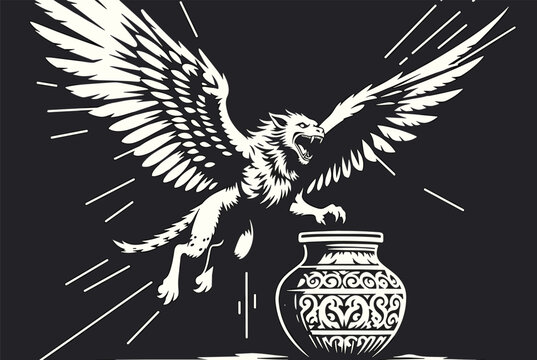 Dramatic white silhouette of a mythological griffin with spread wings about to strike a decorative ceramic jar on a solid black background.