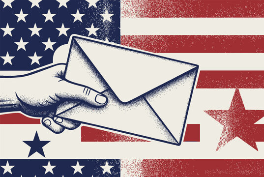 Patriotic illustration featuring a hand holding a mail envelope over a stylized stippled American flag background representing communication.