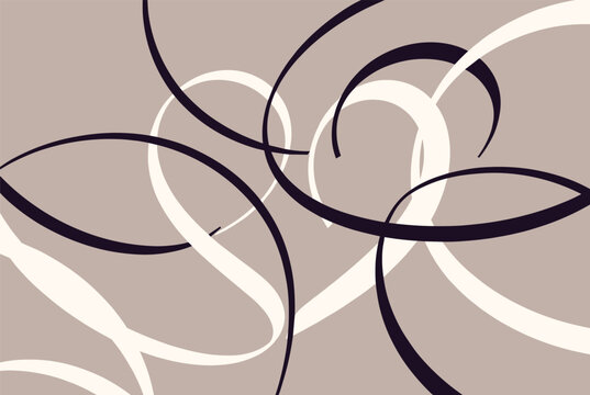 Abstract contemporary artwork featuring flowing swirls of intertwined black and white lines on a neutral beige background for modern interior design.