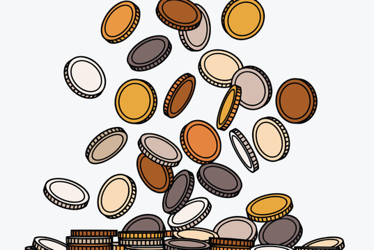 Graphic illustration of numerous gold silver and bronze coins falling into a pile on a white background symbolizing wealth and financial growth.