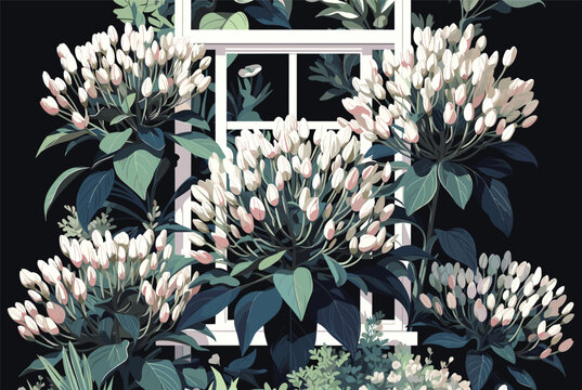 Dreamy illustration of delicate white flowers blooming in front of a white framed window against a dark midnight sky for a peaceful atmosphere.