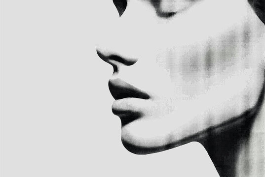 Artistic stippled close up portrait of a woman profile featuring a detailed dotwork texture and elegant lighting for a sophisticated modern art.
