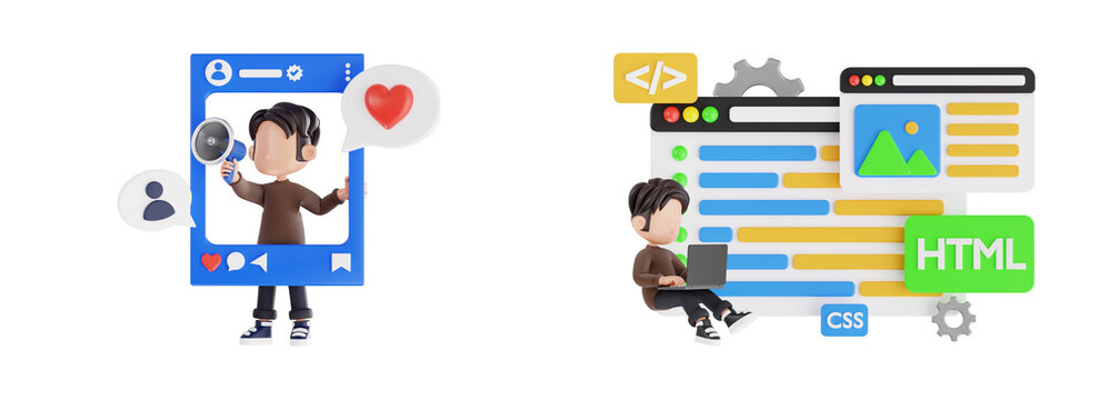 3D Social Media Influencer and Web Development Icons Set with Personal Branding and Coding Interface
