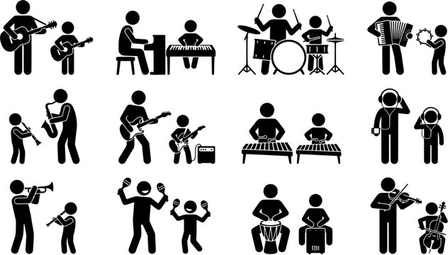 Music education icon set in a flat black silhouette style including people playing guitar, piano, drums, violin, saxophone and various percussion instruments.