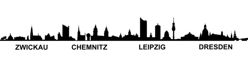 Obraz premium Black city skyline silhouette featuring urban landmarks from Saxony including Zwickau, Chemnitz, Leipzig, and Dresden and East German cityscape vector illustration with text.
