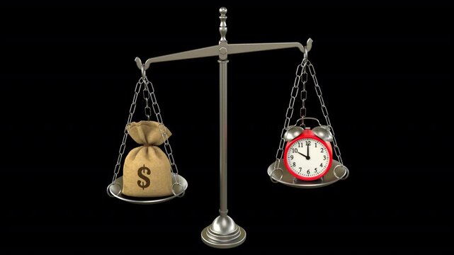 Time is money balance scale &ndash; 3d render looped with alpha channel.