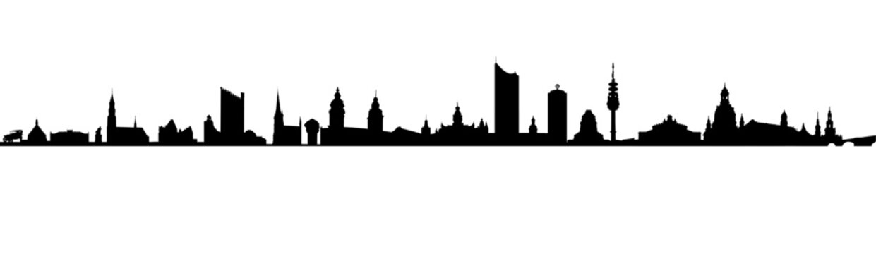 Black city skyline silhouette featuring urban landmarks from Saxony including Zwickau, Chemnitz, Leipzig, and Dresden and East German cityscape vector illustration