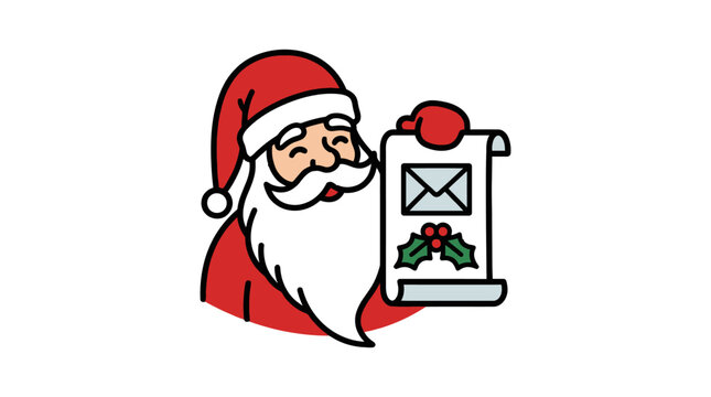 Cartoon Santa Claus holding a Christmas scroll with an envelope