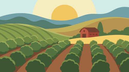 A peaceful red barn sits among rows of green crops at sunrise © bila