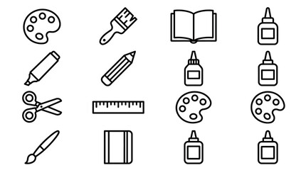 Obraz premium Art Supplies Icons: Paint Palette, Brush, Scissors, Pencil, Glue, Book, Ruler