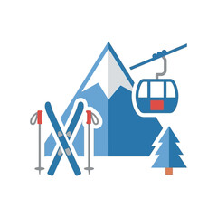 Flat vector illustration of ski resort elements with mountains and a gondola © alif