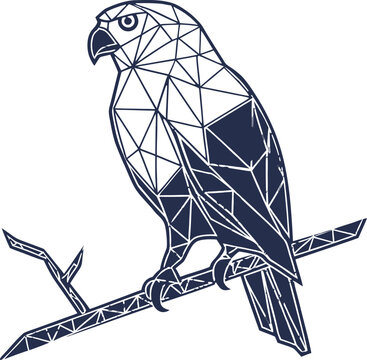 Geometric Hawk Perched on Branch Vector - Low Poly Eagle Line Art Mascot Logo