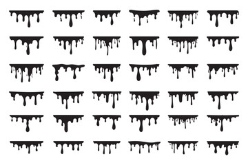 Obraz premium Set of black dripping liquid silhouettes showing various paint, ink, or chocolate drip patterns in a minimalist graphic vector illustration