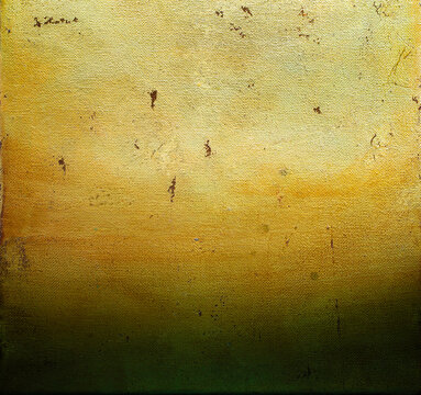 Abstract canvas texture background with a gold to green gradient, aged painted linen surface with visible stains and splatters. Vintage background for wallpaper, luxury or christmas holiday design.