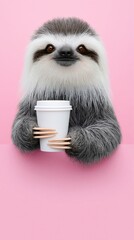 Fototapeta premium Sloth holding takeaway cup against plain pink background