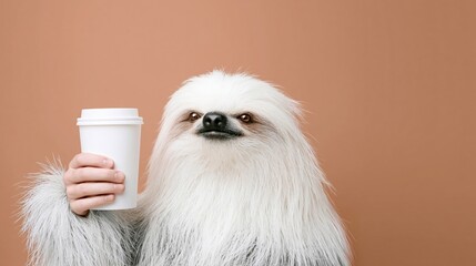 Fototapeta premium Sloth holding coffee cup against beige studio background