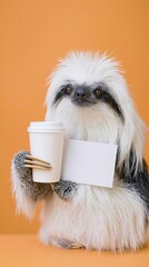 Fototapeta premium Sloth holding cup and card in orange studio backdrop