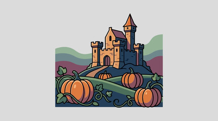A whimsical castle stands on a hill surrounded by autumn pumpkins © yewes