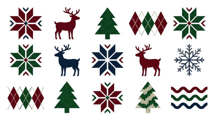 Holiday season patterns featuring reindeer, evergreen trees and snowflakes © lala