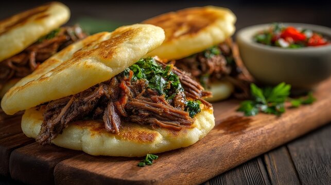 Golden-brown, flatbread sandwiches filled with shredded meat and a vibrant, green herb sauce, served on a wood board