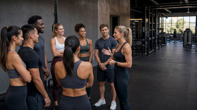 Athletic female fitness trainer speaking with six diverse fitness professionals before a workout in a modern gym, capturing a natural candid teamwork moment with copy space on one side.