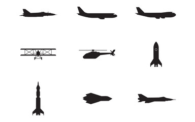Graphic set of black transport silhouettes featuring passenger airliners helicopters vintage biplane and space rocket icons on transparent background. © Vectors-Stock