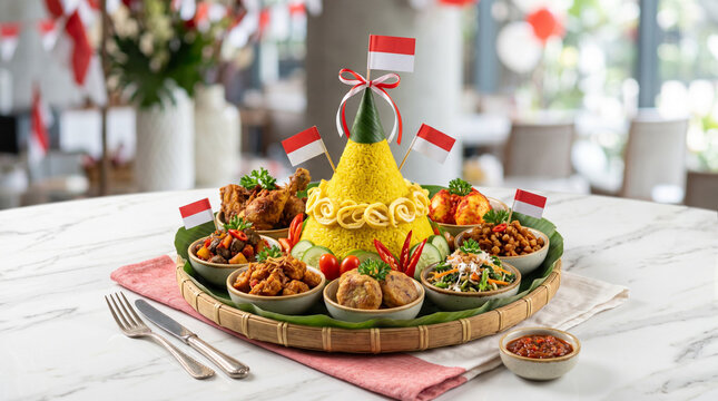 Tumpeng Nasi Kuning with Side Dishes, Indonesian National Day Celebration