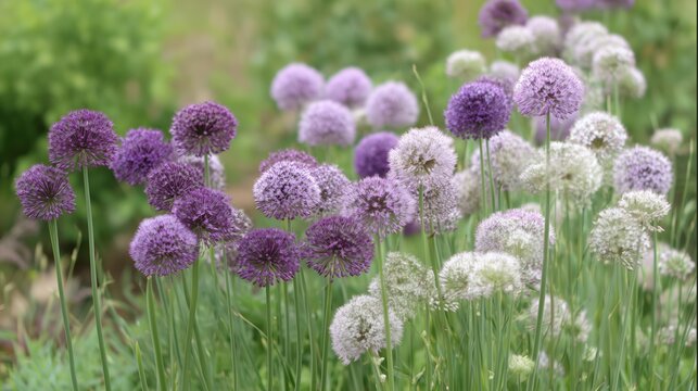 A lush garden scene with clusters of purple and white allium flowers in full bloom, showcasing vibrant colors.