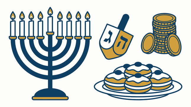 Traditional Hanukkah menorah with dreidel and jelly donuts