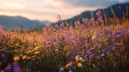 A field of wildflowers blooms under a warm, golden sunset with mountains in the distance, creating a serene landscape © dika