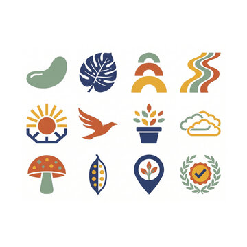 Abstract colorful nature inspired shapes icon set organic geometric leaf flower sun cloud minimalist flat line art collection bundle for corporate web graphic design, vector illustration [INDEX]