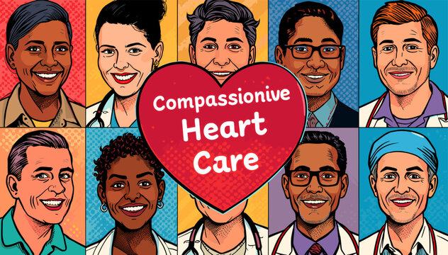 A vibrant pop art illustration featuring diverse doctors surrounding a heart with 'Compassionate Heart Care' text, symbolizing inclusive medical service.