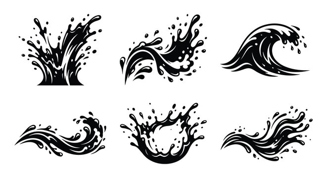 Water wave collection black vector illustrations on a white background