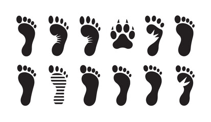 Set of black human footprint and animal paw print silhouettes isolated on white background. © Ripon
