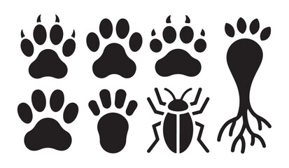 Animal paw print silhouettes and wild insect icon set for nature exploration and tracking. © Ripon