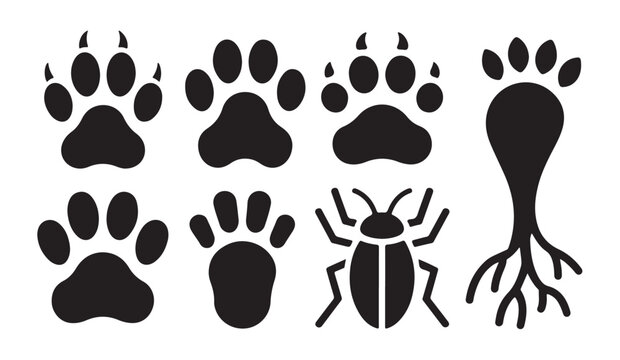 Animal paw print silhouettes and wild insect icon set for nature exploration and tracking.