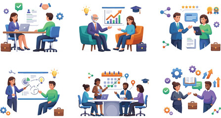 Fototapeta premium Business Consulting and Professional Development Isometric Collection Featuring Career Coaching Interviews Team Meetings and Corporate Training Vector