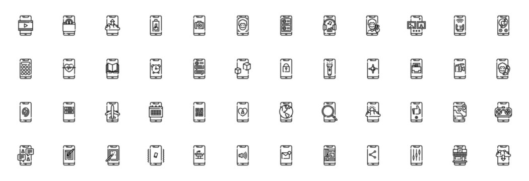 Mobile functions icon set. Smartphone vector icons pack. Minimalist icons pack. Includes symbols for calling, messaging, camera, battery, settings, apps and more. Editable vector stroke.