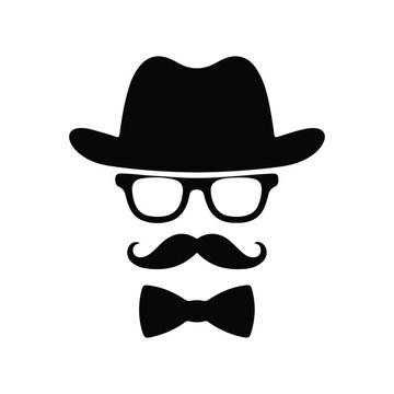 black hat with mustache, bow tie and glasses isolated on a grey background