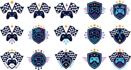 Gaming Esports Racing Logo Collection Featuring Game Controllers Checkered Flags Neon Shields and Competitive Tournament Emblems Vector © MdRissalat