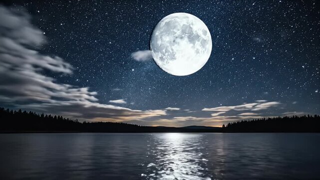 A vast lake reflects a bright full moon and a starry night sky with clouds